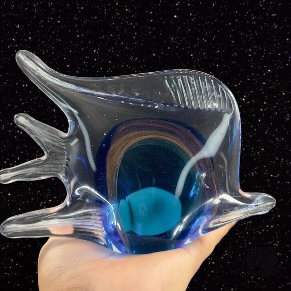 Multicolor Large Art Glass Fish Figurine Paperweight Blue W Clear Edges Heavy - Picture 4 of 14